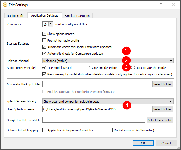 Settings window, page "Application Settings"